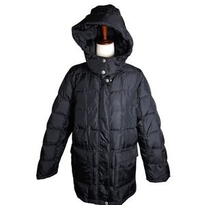 Eddie Bauer Black Goose Down Puffer Chore Coat Quilted Flap Pckts Snaps & Zip LG
